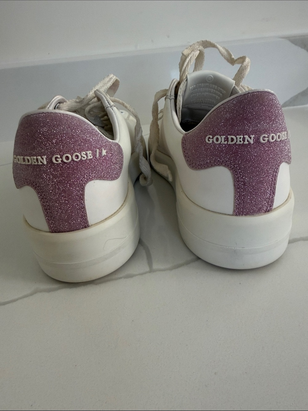 Golden Goose White Leather Sneakers with Pink Glitter Heel - Picture 2 of 6